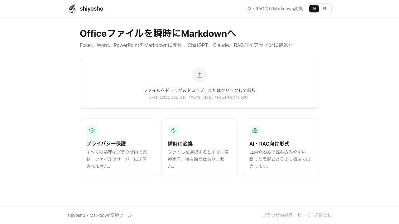 shiyosho のトップ画面。ファイルアップロードエリアと、プライバシー保護・瞬時に変換・AI/RAG向け形式の3つの特徴カード